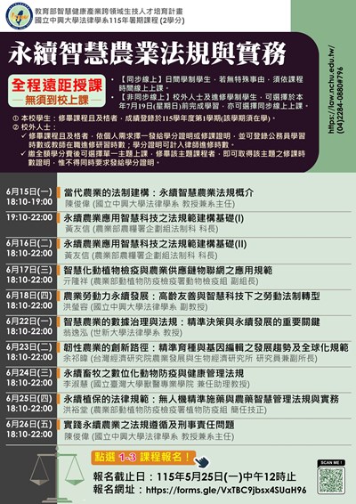 國立中興大學法律學系115年「永續智慧農業法規與實務」課程海報1份